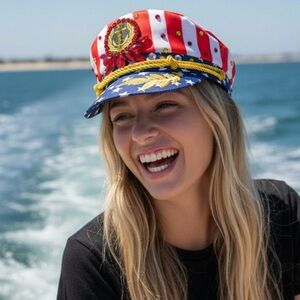 Key West Nautical Red White Blue Rhinestone Embellished Captain Hat